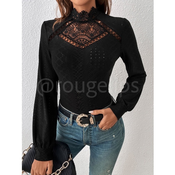 Black Lace Guipure Eyelet Mock Neck Long Sleeve Tee Shirt Fitted - Picture 5 of 7